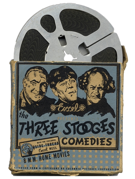 6 Three Stooges Films on 8mm With Rare ''All Hashed Up'' From 1944 -- Plus ''Dizzy Doctors'', ''Idle Roomers'', ''Hold That Lion'', ''Studio Stoops'' & ''Spooks'', Which Lacks Case, Else Very Good